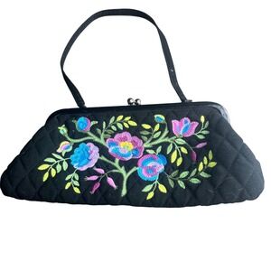 Vera Bradley Vintage Veronique Black Embroidered Floral Kiss Lock Clutch Purse‎